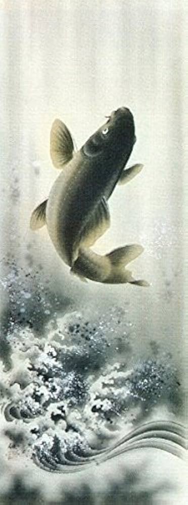 Amazon.co.jp: 加納祥仙『出世鯉』日本画 掛け軸 鯉の滝登り 滝